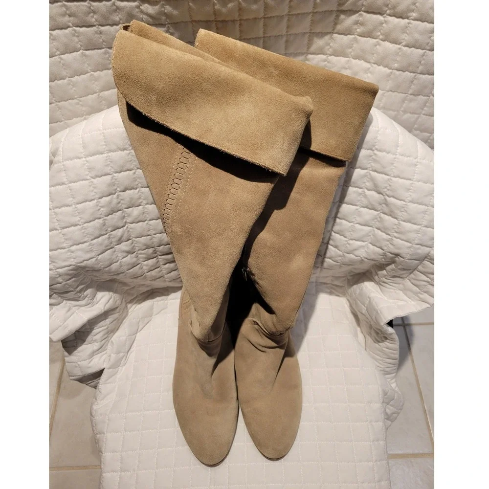 Vince Camuto Suede Foldover Cuffed Knee High Boots Tan Beige Women's Size 9.5M
